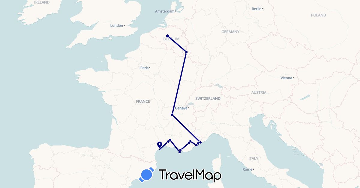 TravelMap itinerary: driving in Belgium, France, Luxembourg (Europe)